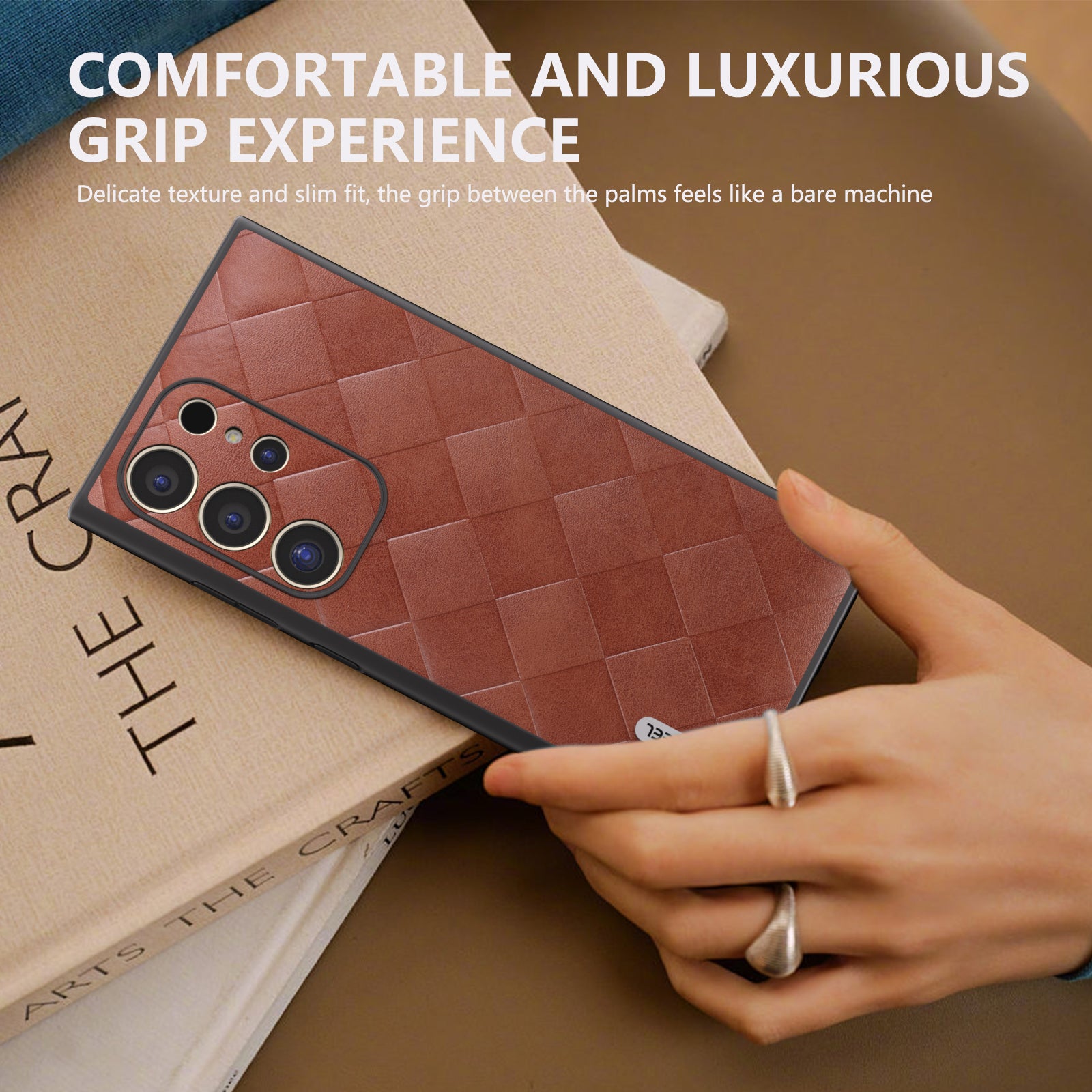 ABEEL For Samsung Galaxy S24 Ultra Case Grid Texture PU Leather+TPU+PC Protective Phone Cover - Brown
