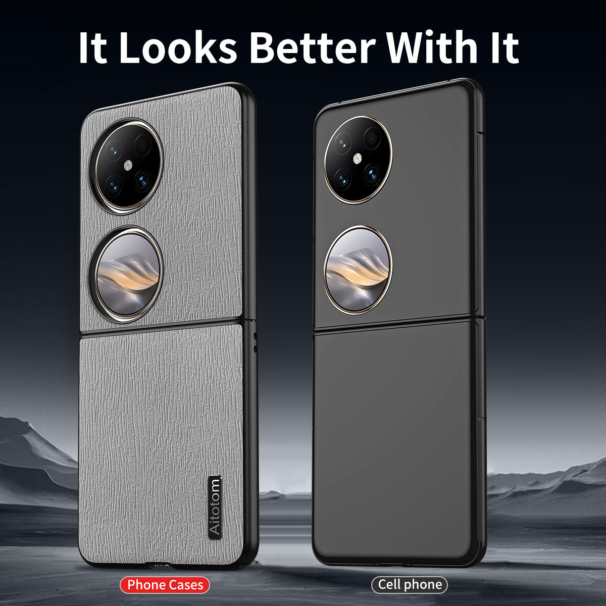 For Huawei Pocket 2 Case Wood Texture PU Leather+PC+TPU Anti-Scratch Phone Cover - Black