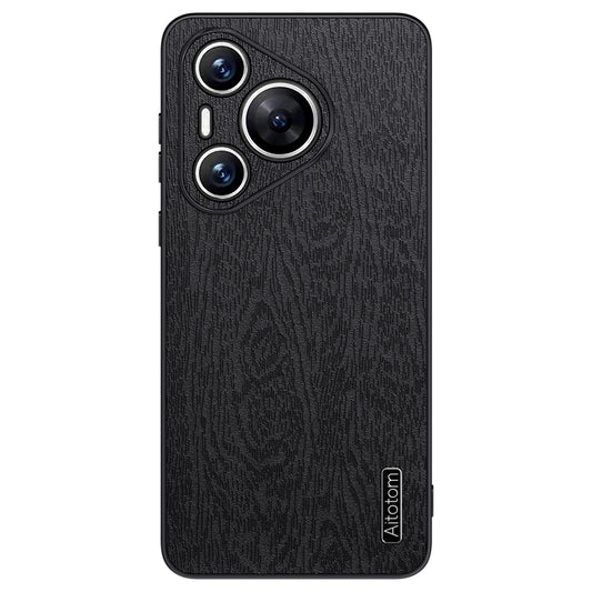 For Huawei Pura 70 Case Wood Grain PU Leather+PC+TPU Slim-Fit Phone Guard Cover - Black