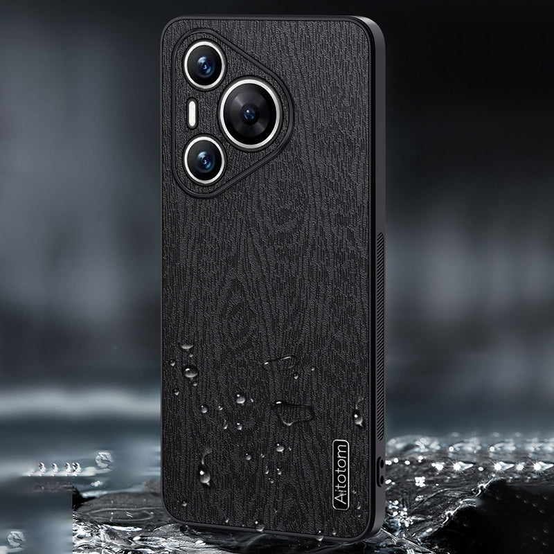 For Huawei Pura 70 Case Wood Grain PU Leather+PC+TPU Slim-Fit Phone Guard Cover - Grey