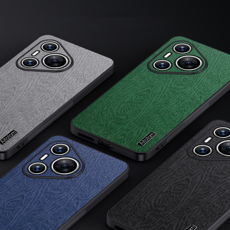 For Huawei Pura 70 Case Wood Grain PU Leather+PC+TPU Slim-Fit Phone Guard Cover - Grey