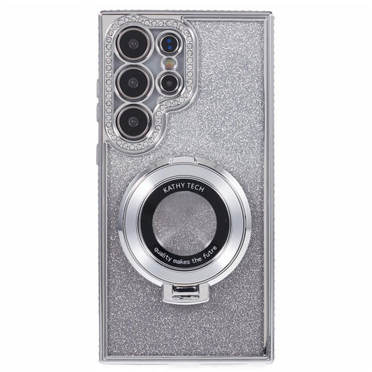 For Samsung Galaxy S23 Ultra TPU Case Rhinestone Gradient Phone Cover with Ring Kickstand - Silver