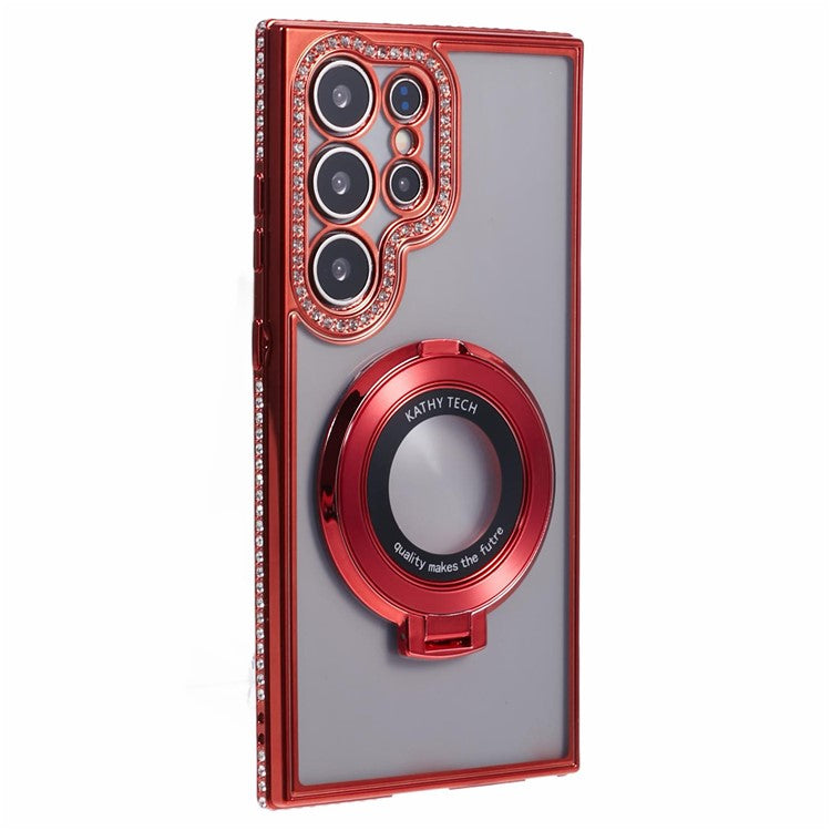 For Samsung Galaxy S24 Ultra Phone Cover Rhinestones Decor Ring Kickstand TPU Back Case - Red