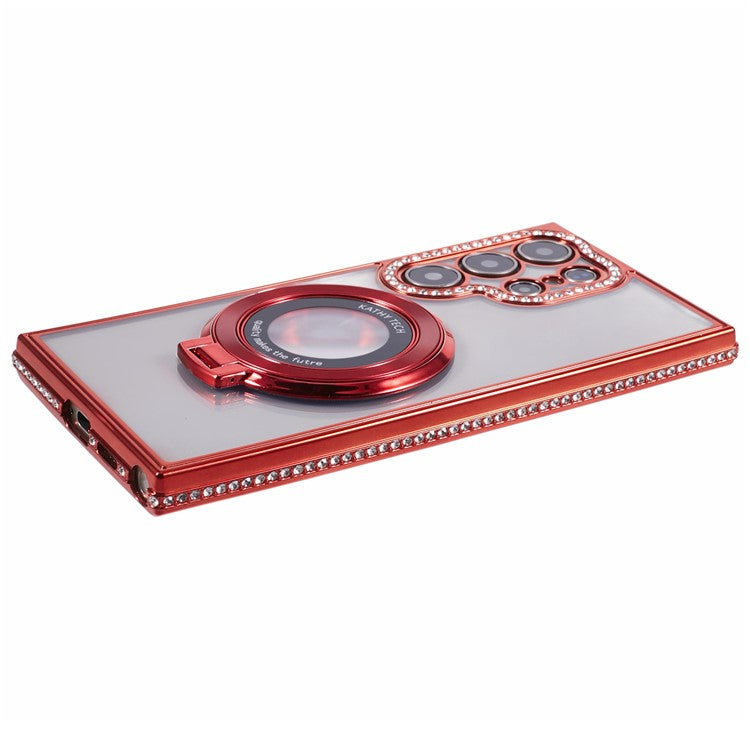 For Samsung Galaxy S24 Ultra Phone Cover Rhinestones Decor Ring Kickstand TPU Back Case - Red