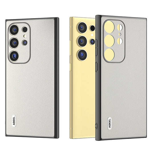 ABEEL For Samsung Galaxy S24 Ultra Phone Cover Bump Proof Genuine Cow Leather Classy Case - White