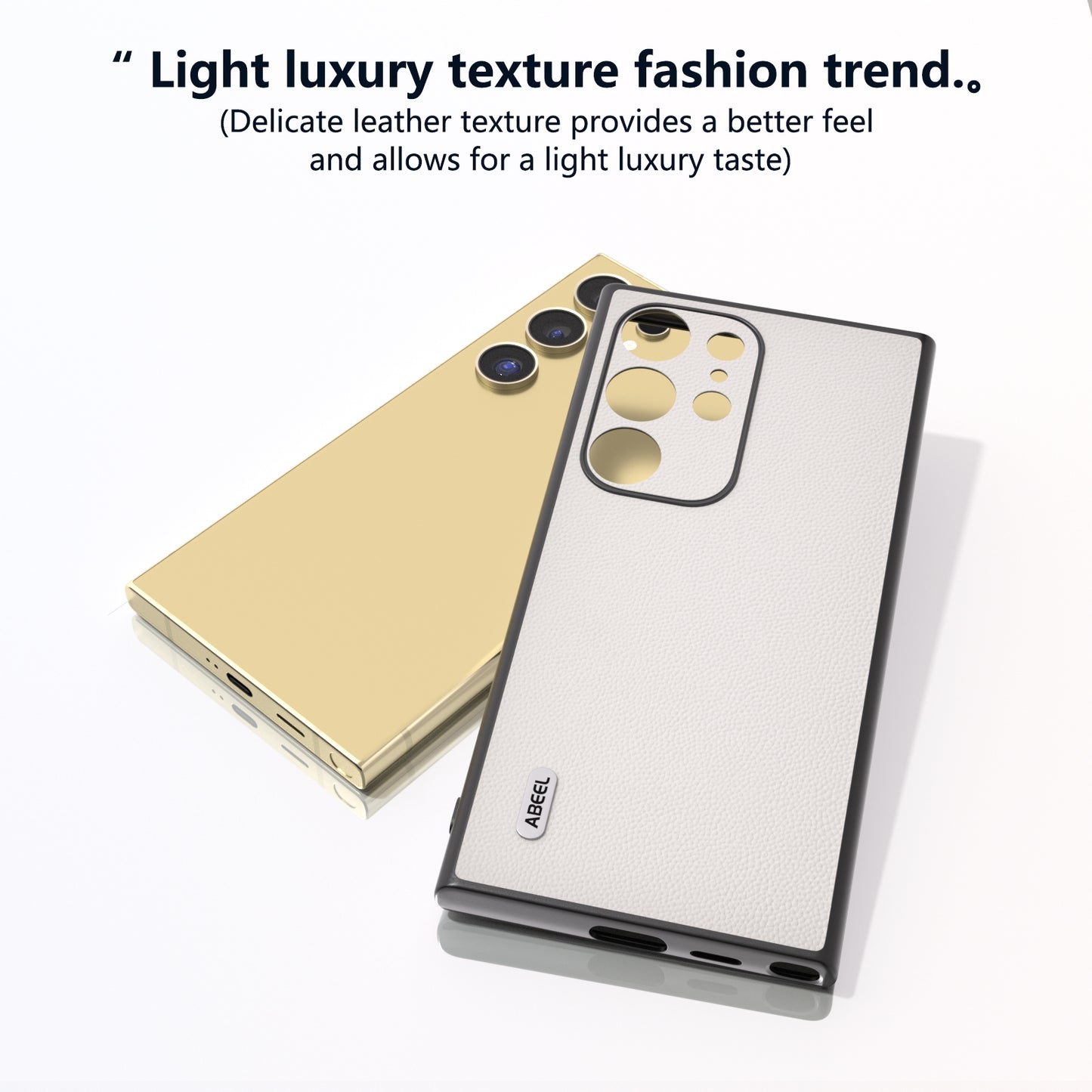 ABEEL For Samsung Galaxy S24 Ultra Phone Cover Bump Proof Genuine Cow Leather Classy Case - White