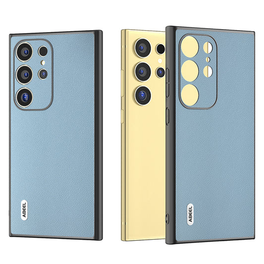 ABEEL For Samsung Galaxy S24 Ultra Phone Cover Bump Proof Genuine Cow Leather Classy Case - Sky Blue