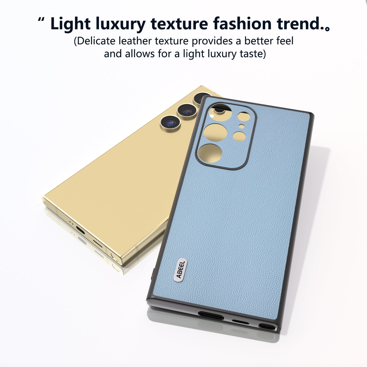 ABEEL For Samsung Galaxy S24 Ultra Phone Cover Bump Proof Genuine Cow Leather Classy Case - Sky Blue