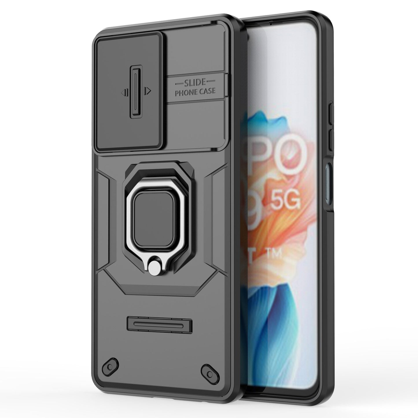 For Oppo A79 5G / A2 5G Case Camera Protection PC+TPU Phone Cover with Ring Kickstand - Black