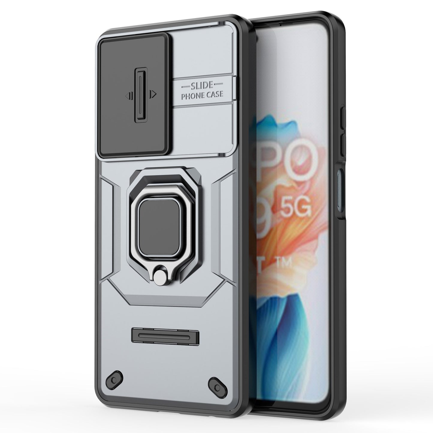 For Oppo A79 5G / A2 5G Case Camera Protection PC+TPU Phone Cover with Ring Kickstand - Grey
