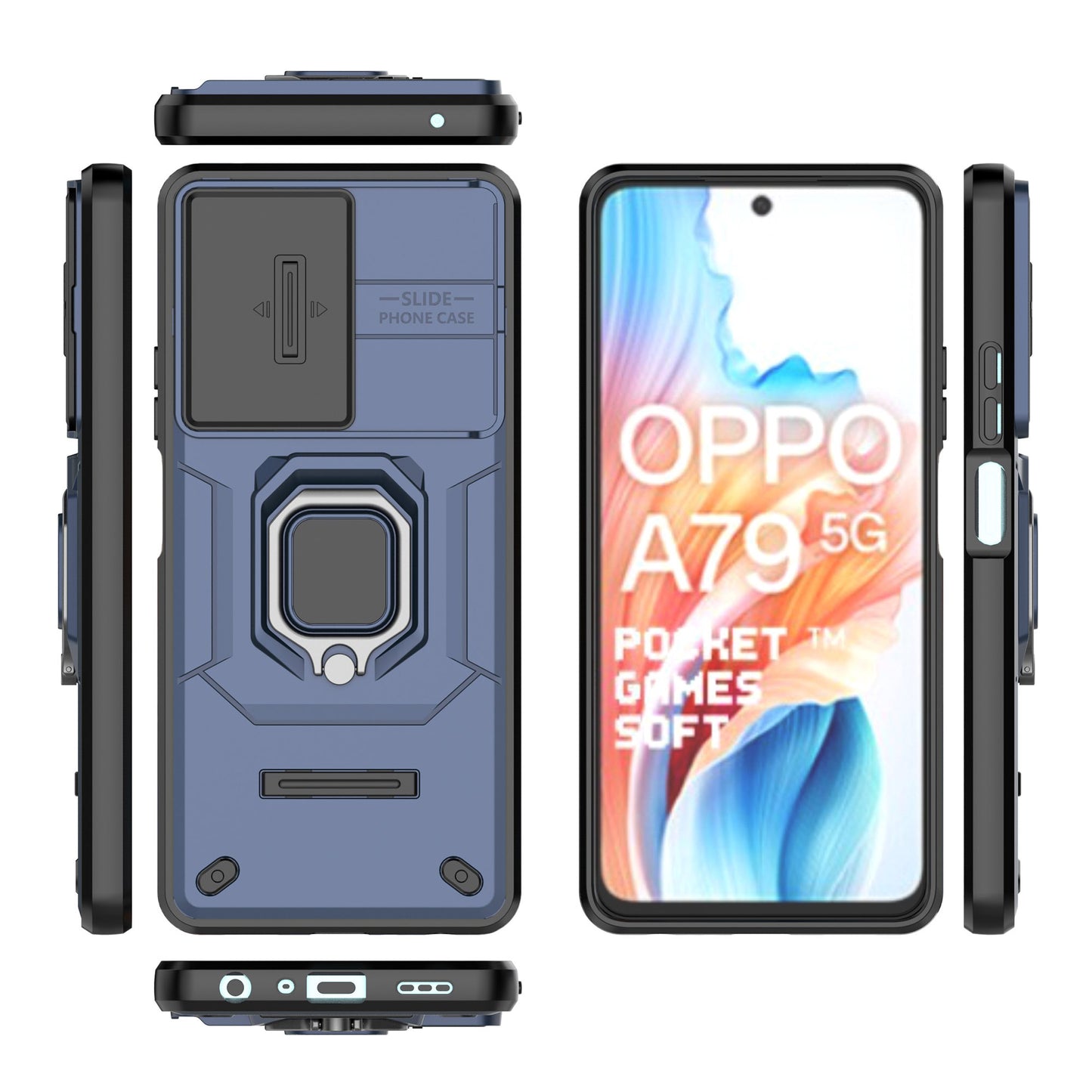 For Oppo A79 5G / A2 5G Case Camera Protection PC+TPU Phone Cover with Ring Kickstand - Blue