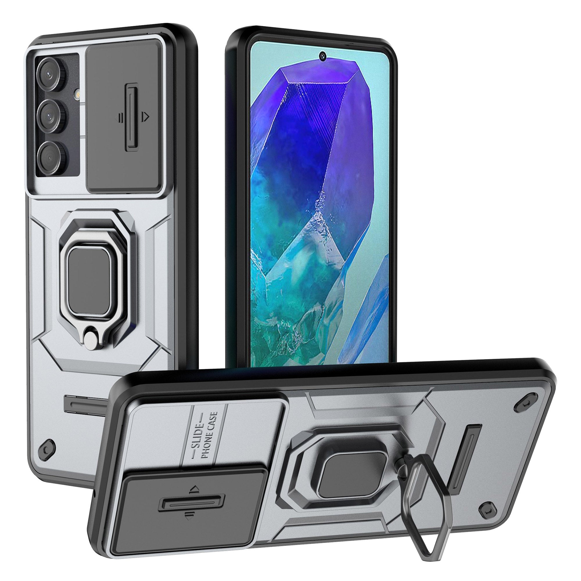 For Samsung Galaxy M55 5G Case PC+TPU Phone Protector with Slide Camera Cover - Grey