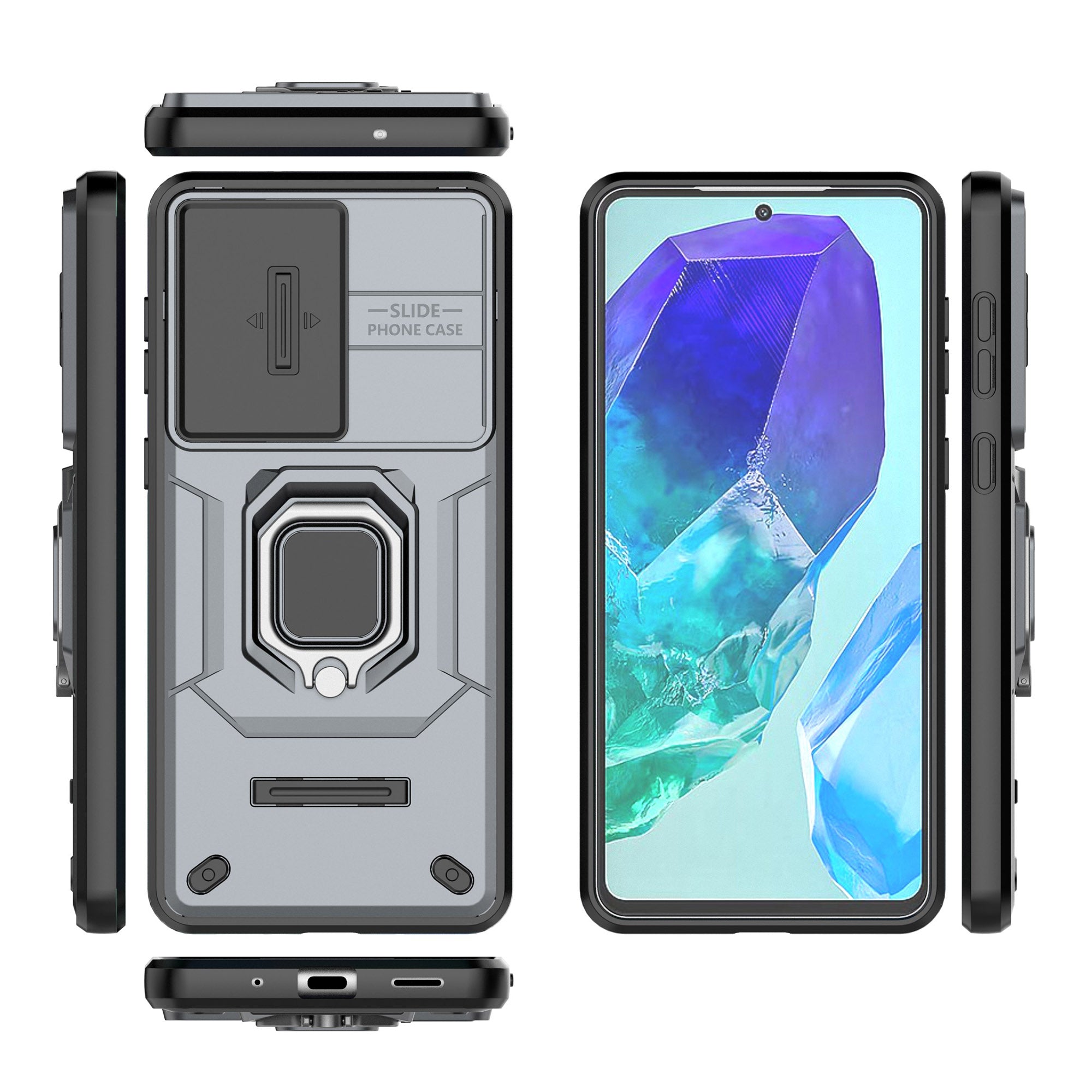 For Samsung Galaxy M55 5G Case PC+TPU Phone Protector with Slide Camera Cover - Grey