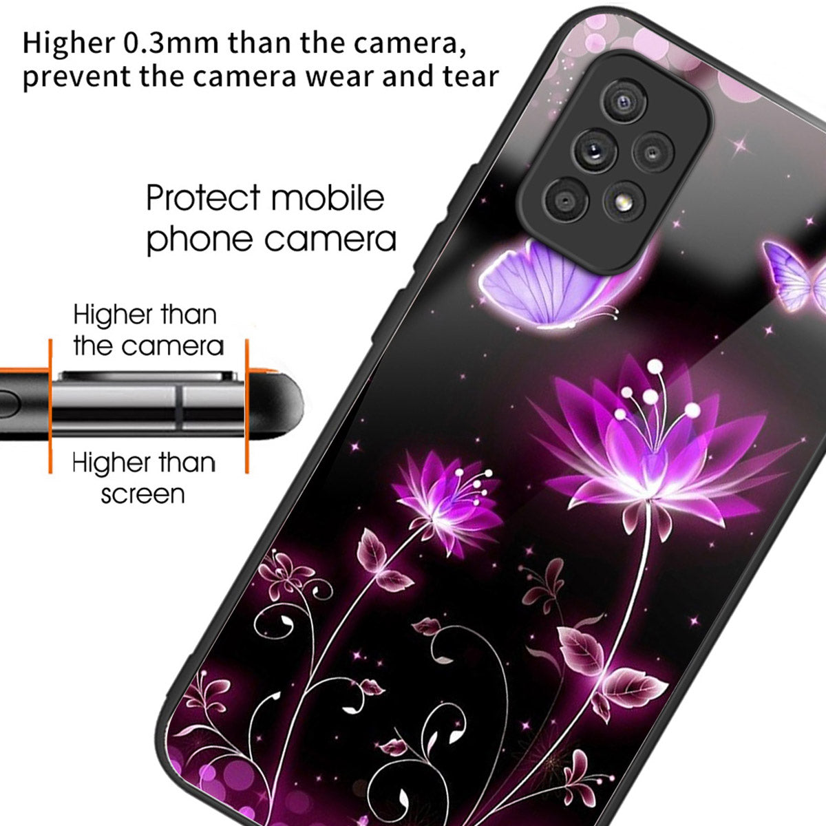 For Samsung Galaxy A53 5G Case Pattern Design Anti-Scratch Tempered Glass Phone Cover - Fluorescent Lotus