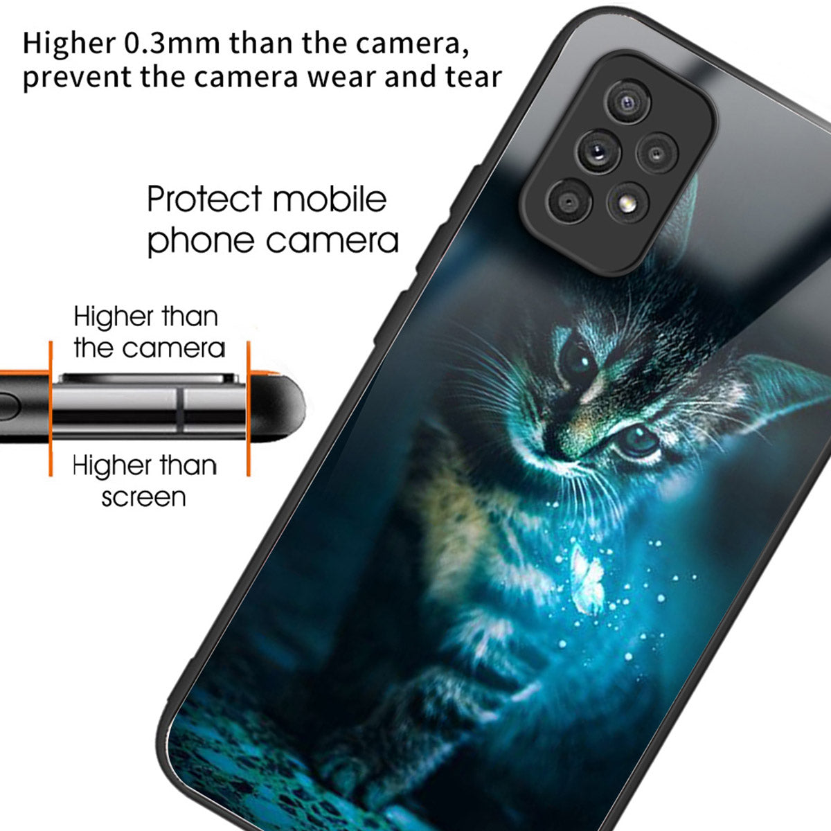 For Samsung Galaxy A53 5G Case Pattern Design Anti-Scratch Tempered Glass Phone Cover - Cat