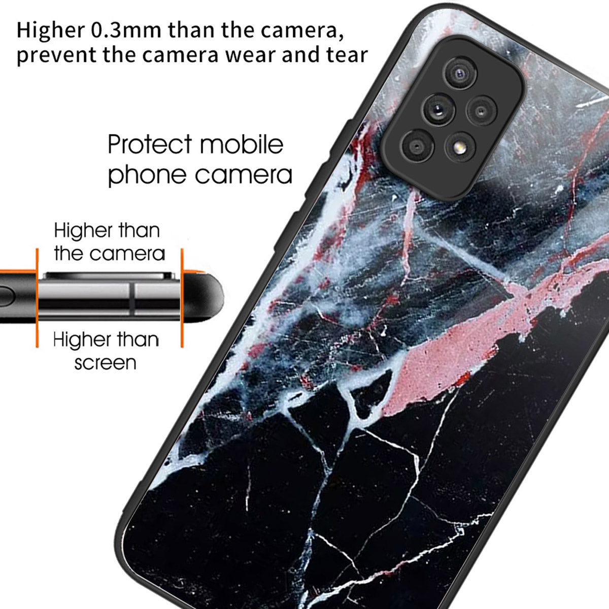 For Samsung Galaxy A53 5G Case Pattern Design Anti-Scratch Tempered Glass Phone Cover - Black Marble