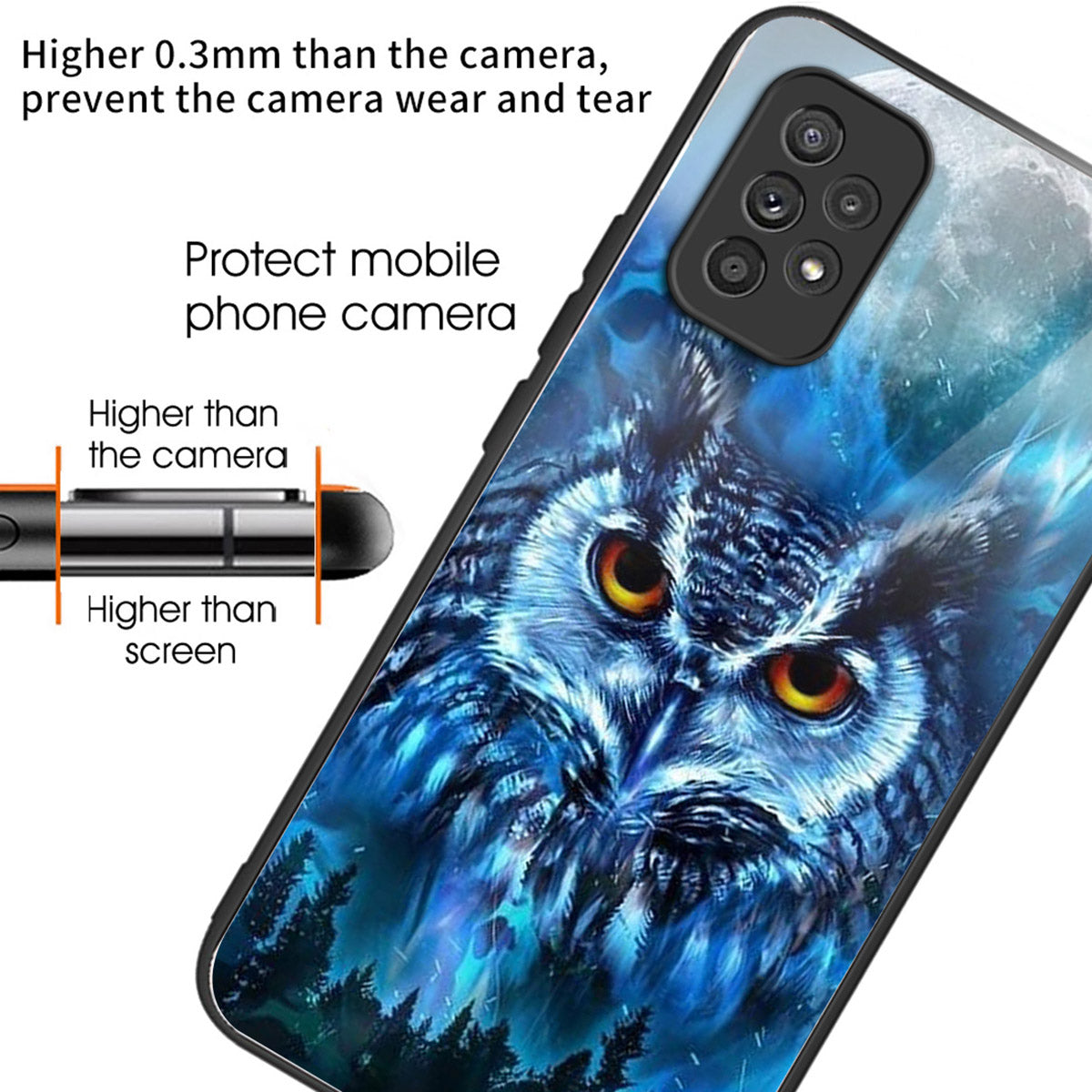 For Samsung Galaxy A53 5G Case Pattern Design Anti-Scratch Tempered Glass Phone Cover - Forest Owl