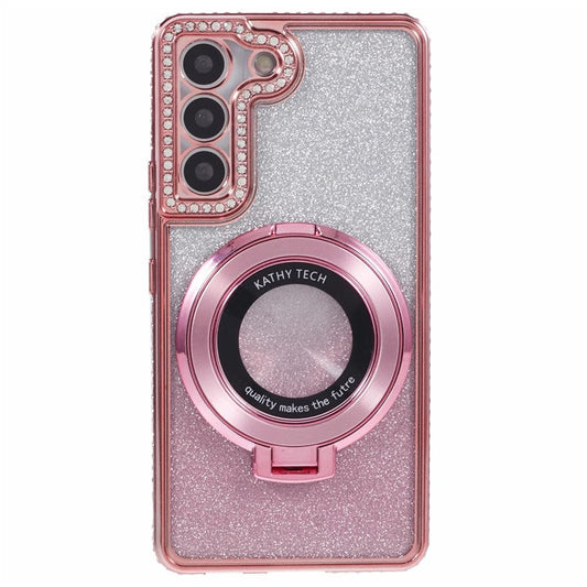 For Samsung Galaxy S23 Case Gradient Rhinestone Decor TPU Phone Cover with Kickstand - Rose Gold