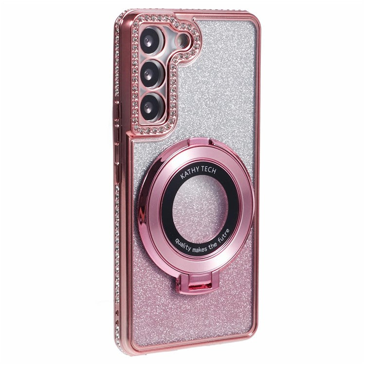For Samsung Galaxy S23 Case Gradient Rhinestone Decor TPU Phone Cover with Kickstand - Rose Gold