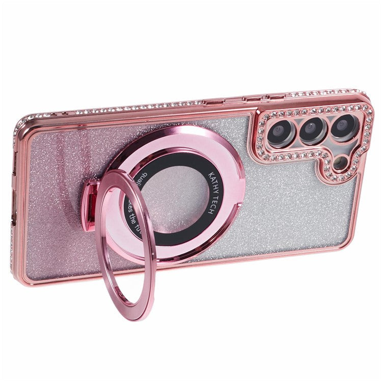 For Samsung Galaxy S23 Case Gradient Rhinestone Decor TPU Phone Cover with Kickstand - Rose Gold