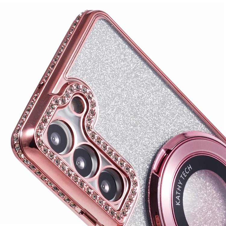 For Samsung Galaxy S23 Case Gradient Rhinestone Decor TPU Phone Cover with Kickstand - Rose Gold