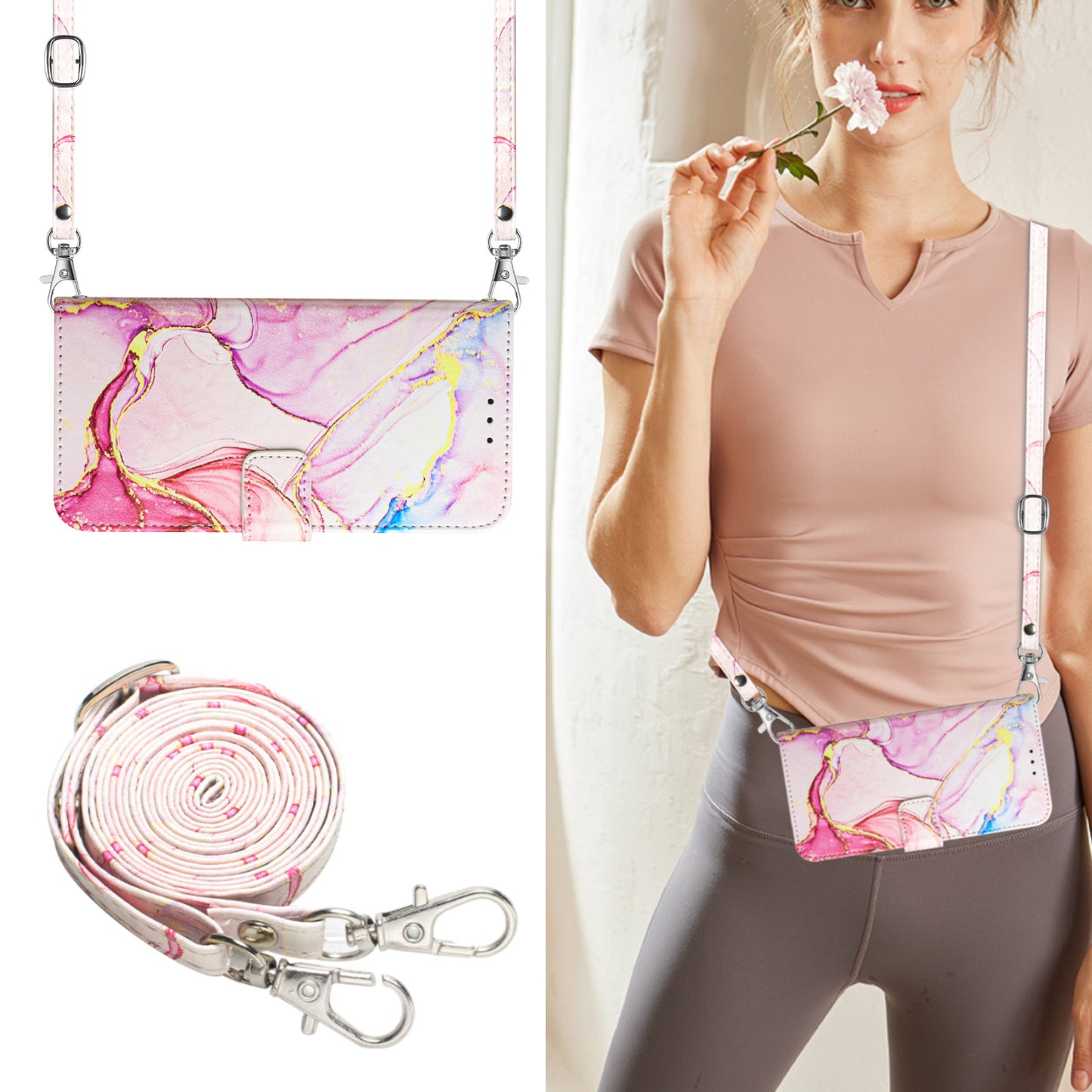 YB Pattern Printing Leather Series-6 For OnePlus Nord CE4 5G Case Stand Flip Phone Cover with Shoulder Strap - Rose Gold LS005