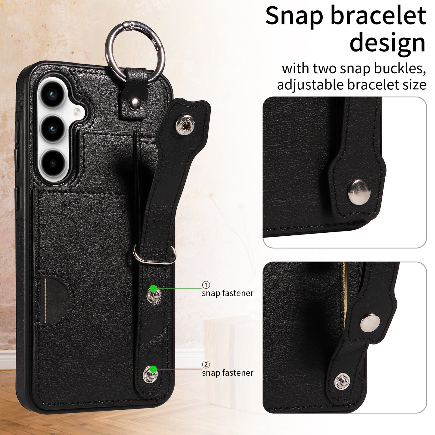 008 For Samsung Galaxy A35 5G Case Leather+TPU Protective Shell with Wrist Strap Kickstand - Black