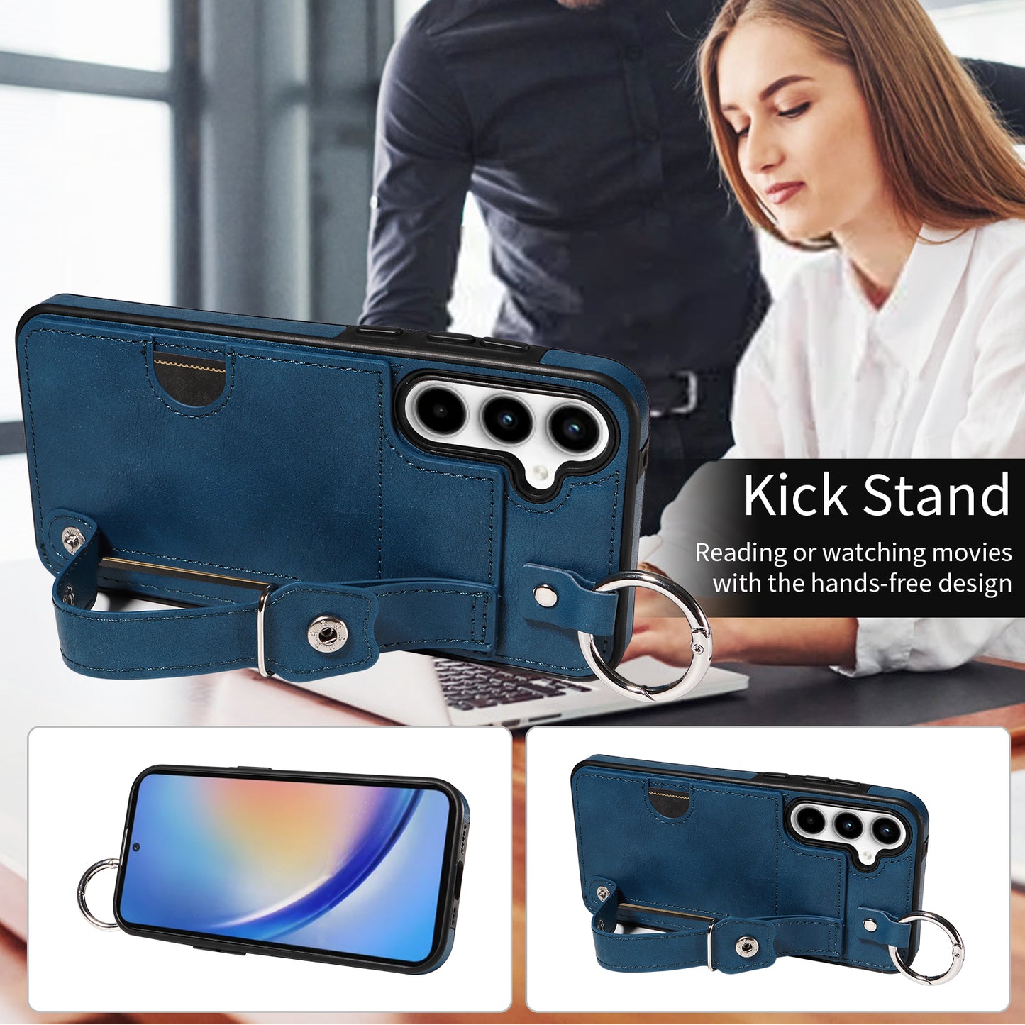 008 For Samsung Galaxy A35 5G Case Leather+TPU Protective Shell with Wrist Strap Kickstand - Blue
