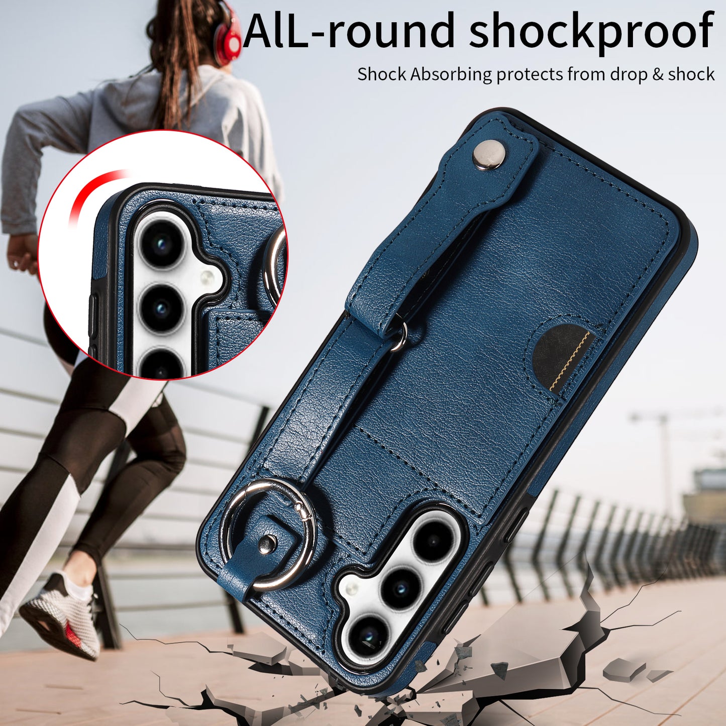008 For Samsung Galaxy A35 5G Case Leather+TPU Protective Shell with Wrist Strap Kickstand - Blue