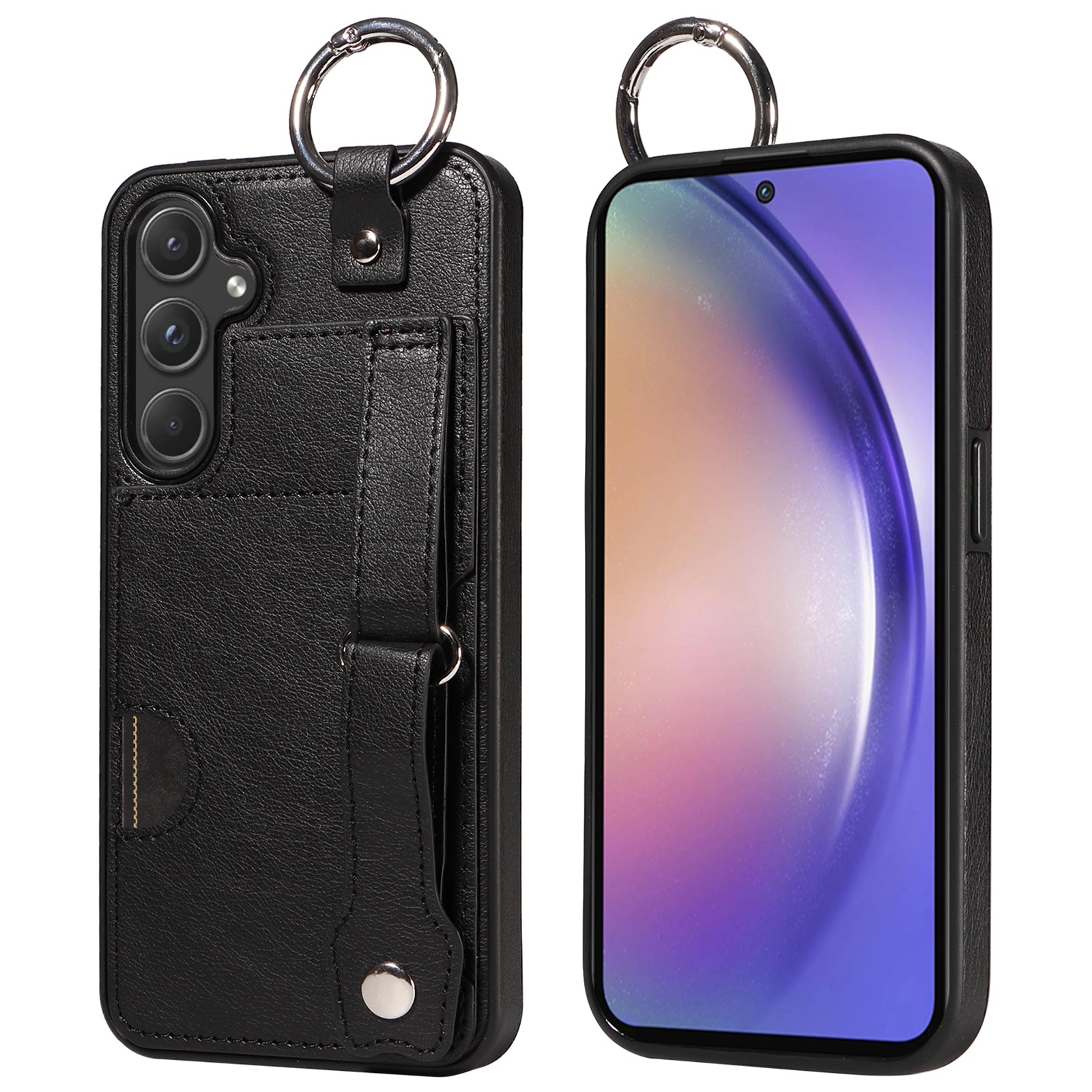 008 For Samsung Galaxy A55 5G Case with Wrist Strap Kickstand Leather+TPU Phone Cover - Black