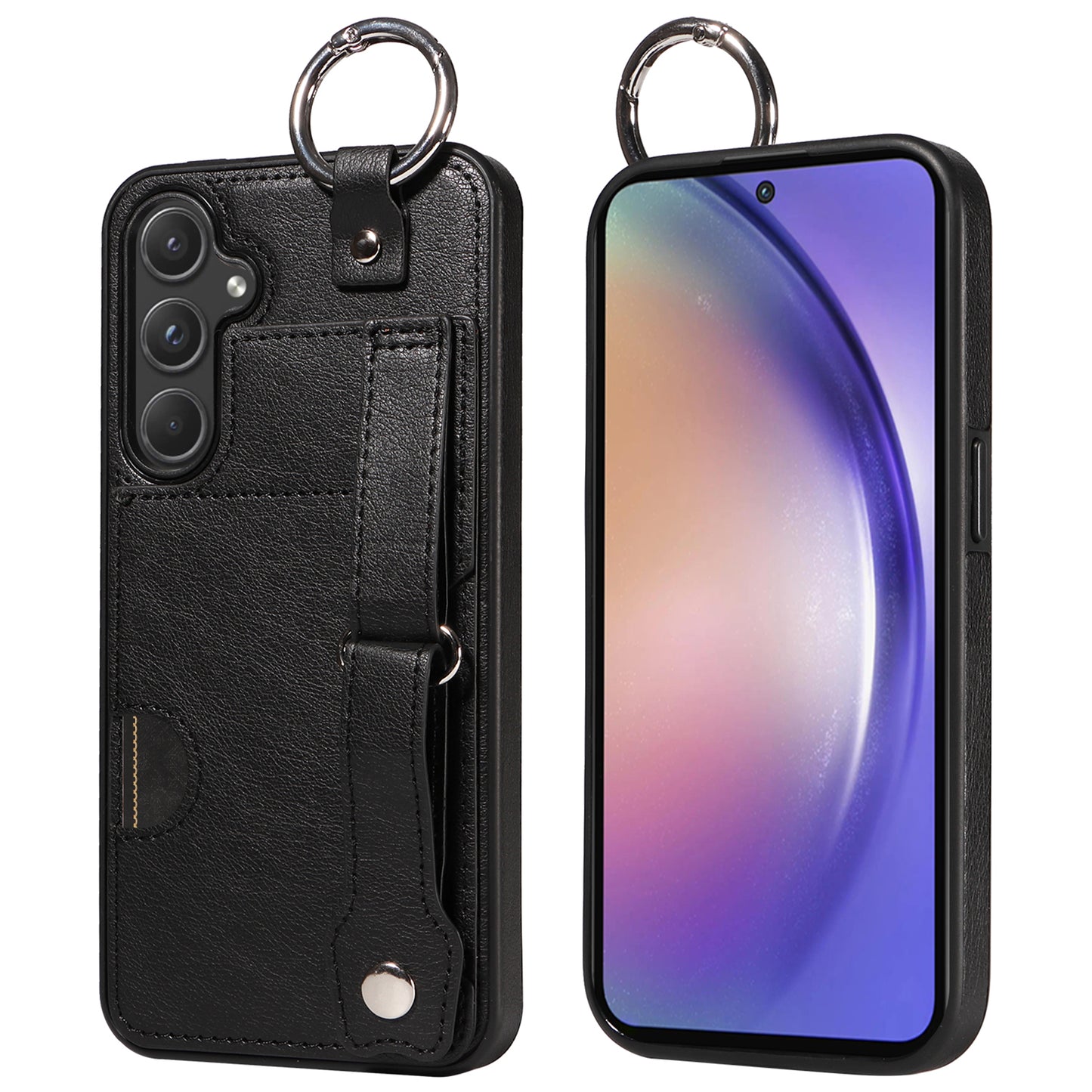 008 For Samsung Galaxy A55 5G Case with Wrist Strap Kickstand Leather+TPU Phone Cover - Black