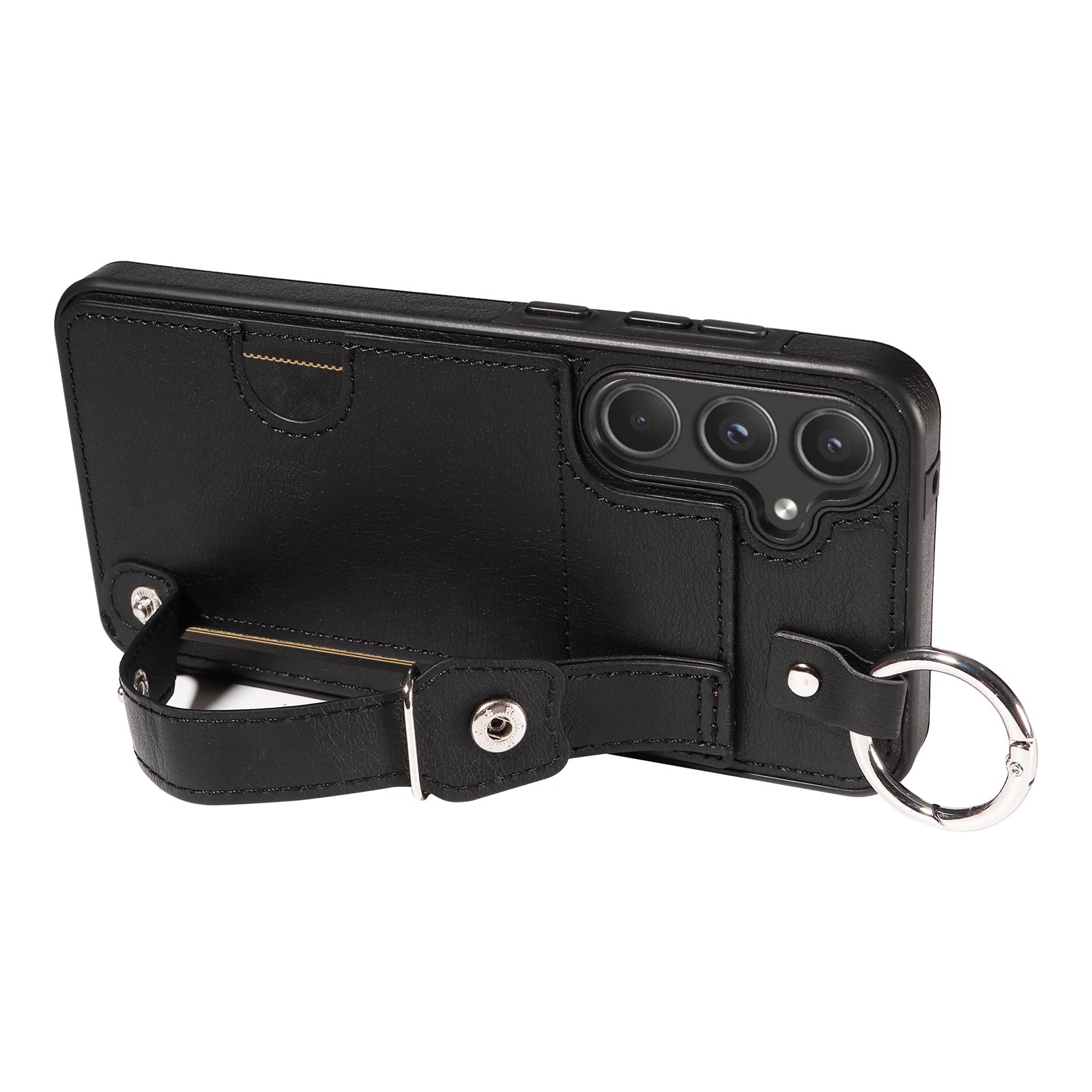 008 For Samsung Galaxy A55 5G Case with Wrist Strap Kickstand Leather+TPU Phone Cover - Black
