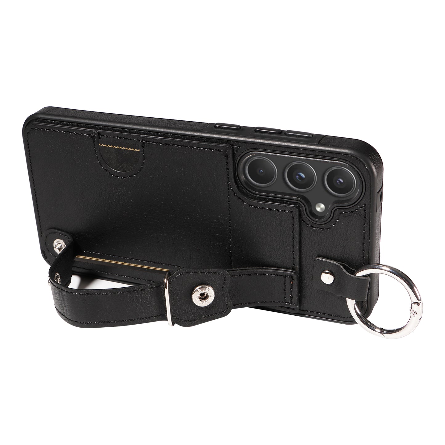008 For Samsung Galaxy A55 5G Case with Wrist Strap Kickstand Leather+TPU Phone Cover - Black