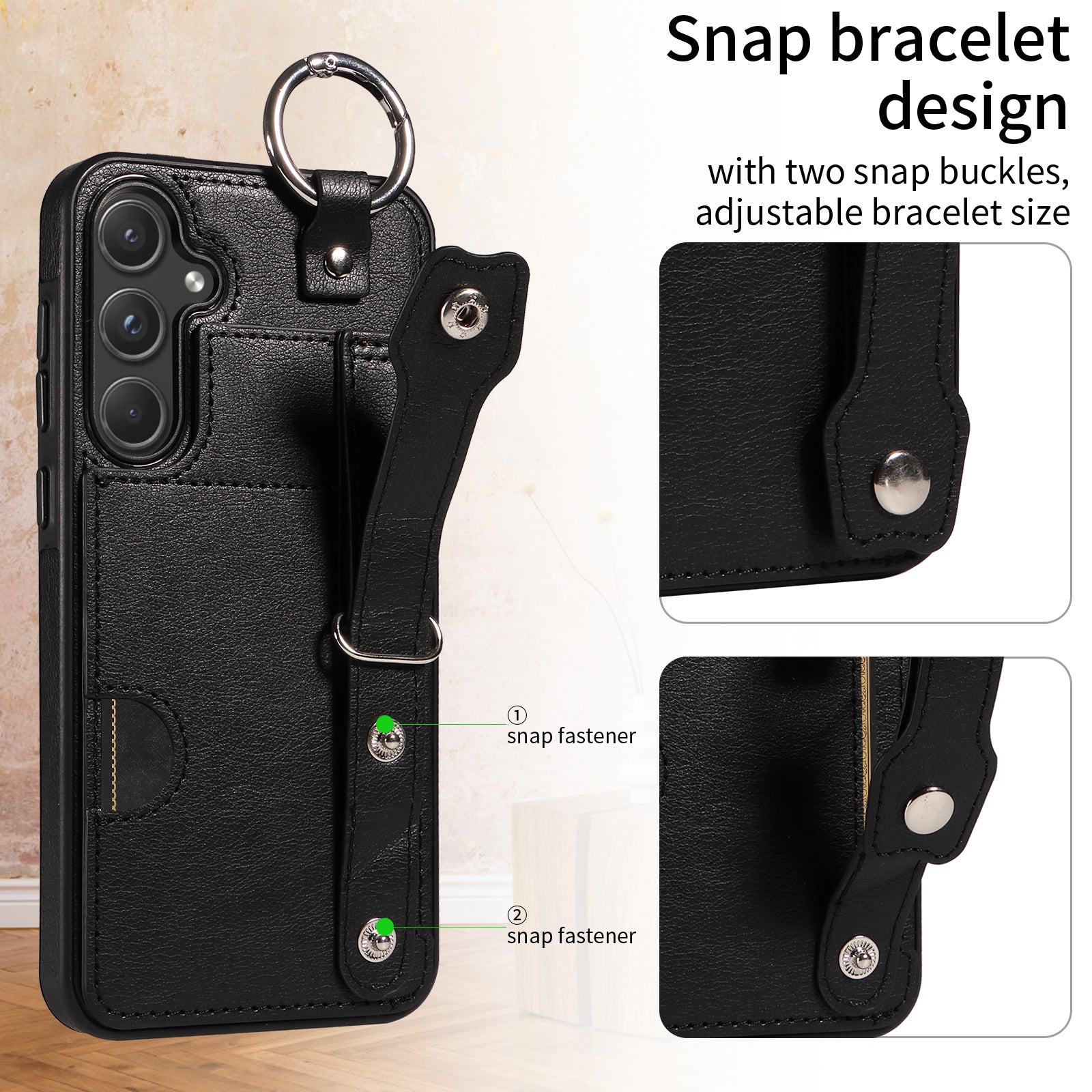 008 For Samsung Galaxy A55 5G Case with Wrist Strap Kickstand Leather+TPU Phone Cover - Black