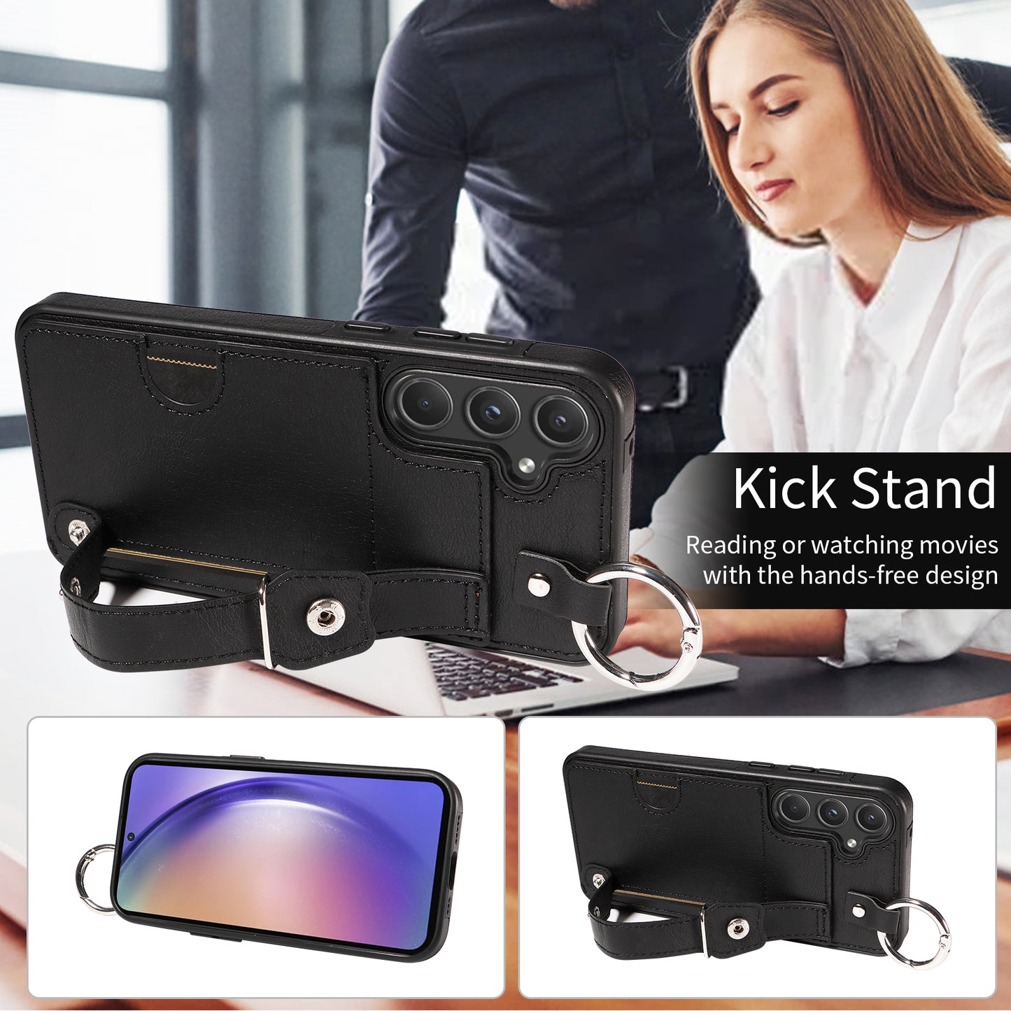 008 For Samsung Galaxy A55 5G Case with Wrist Strap Kickstand Leather+TPU Phone Cover - Black
