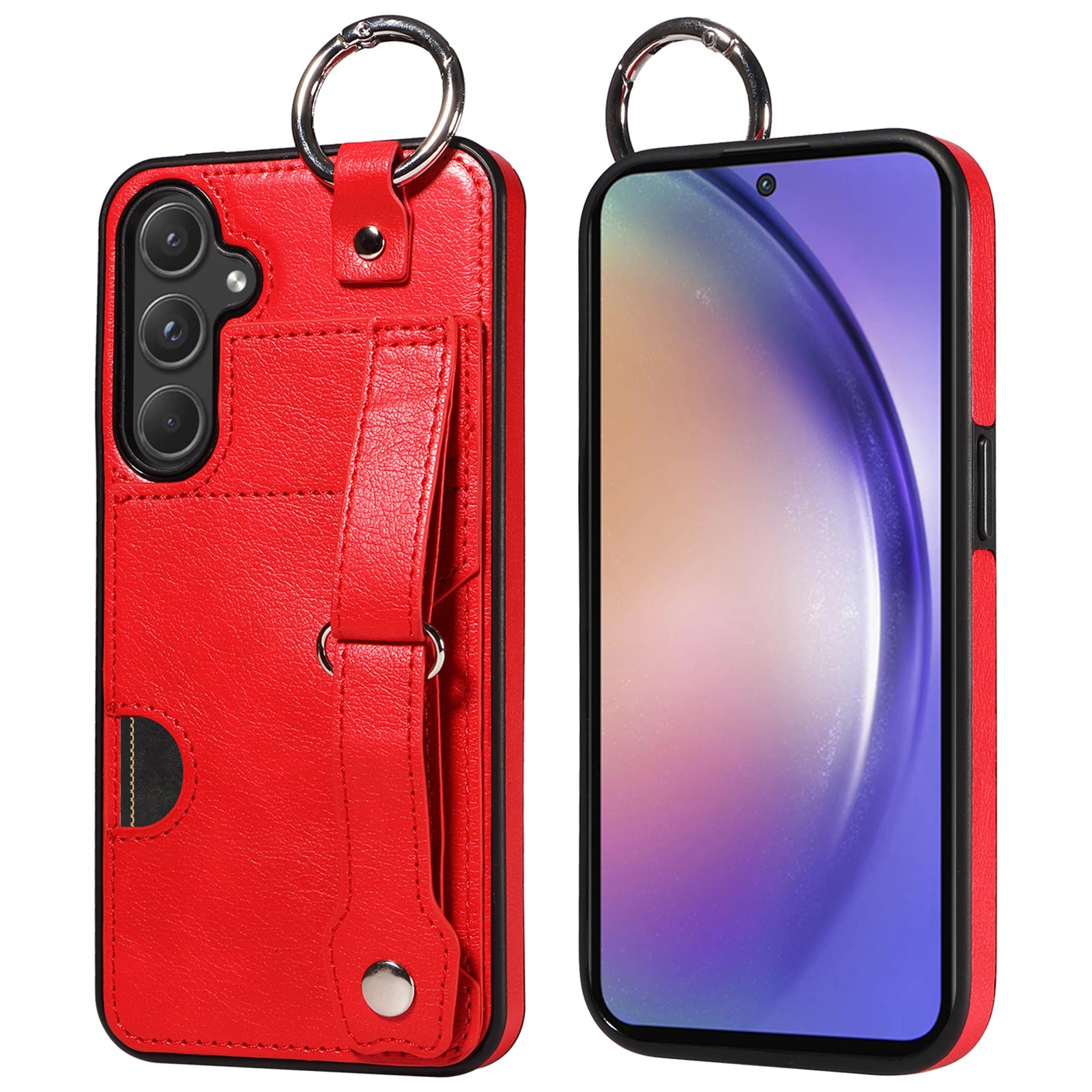 008 For Samsung Galaxy A55 5G Case with Wrist Strap Kickstand Leather+TPU Phone Cover - Red