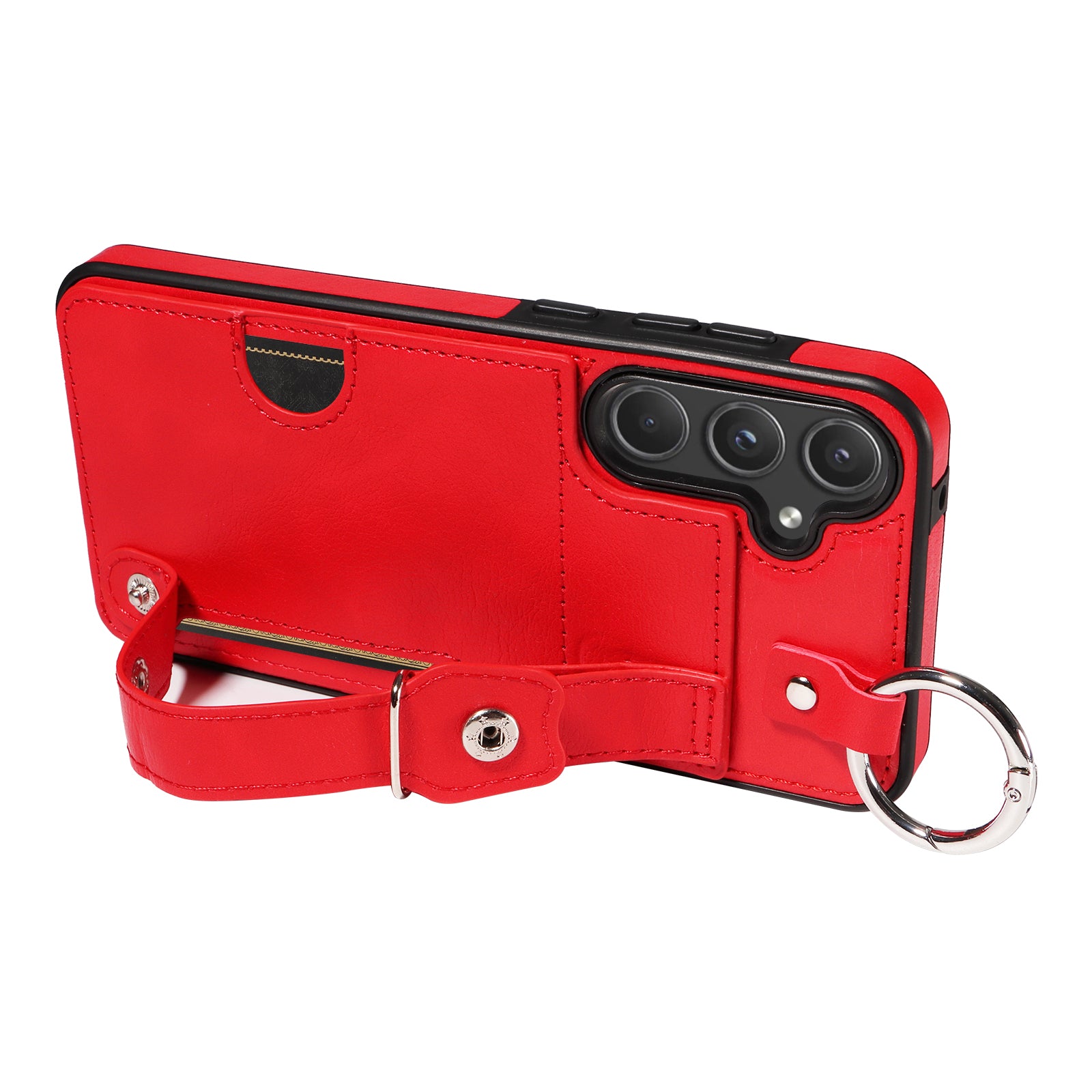 008 For Samsung Galaxy A55 5G Case with Wrist Strap Kickstand Leather+TPU Phone Cover - Red