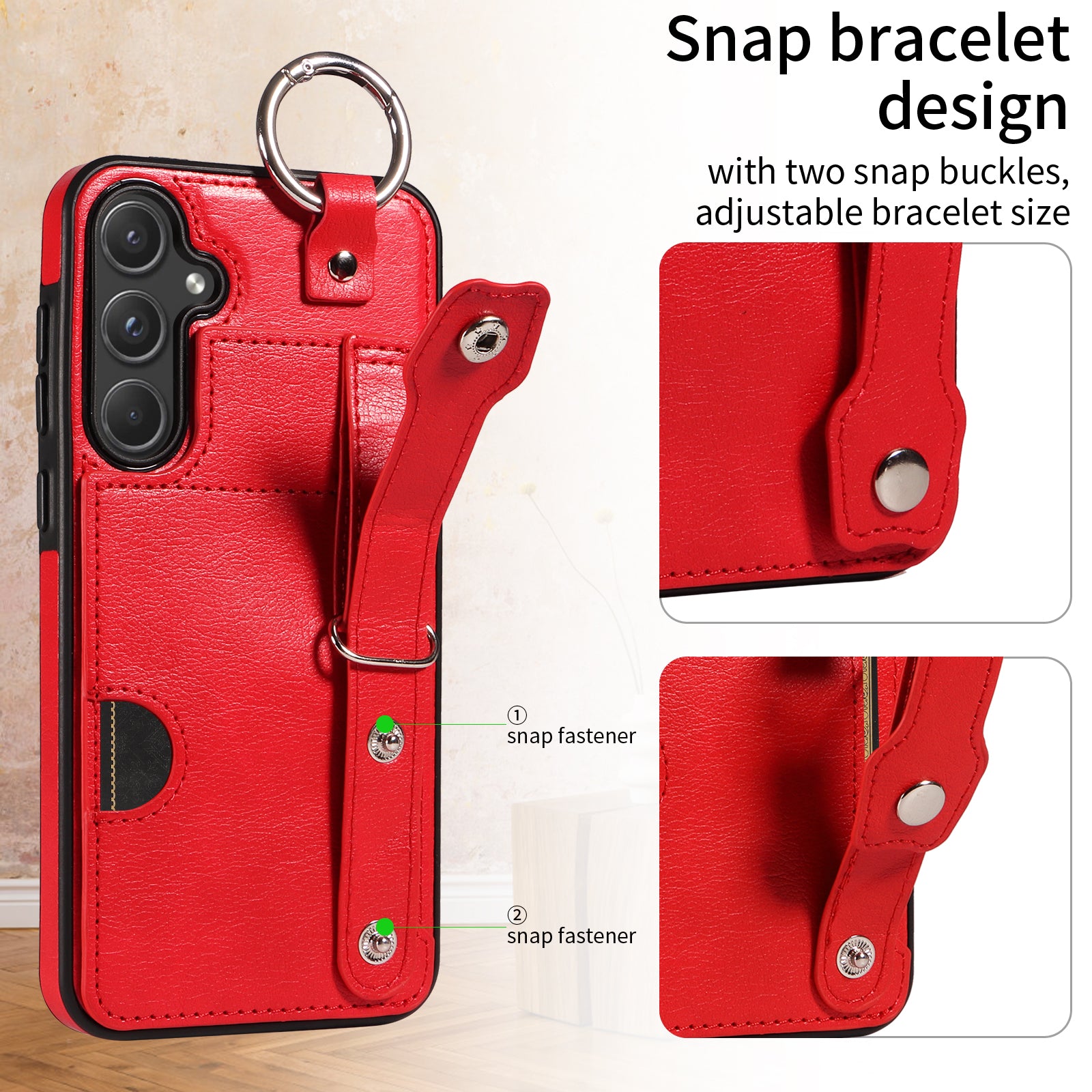 008 For Samsung Galaxy A55 5G Case with Wrist Strap Kickstand Leather+TPU Phone Cover - Red