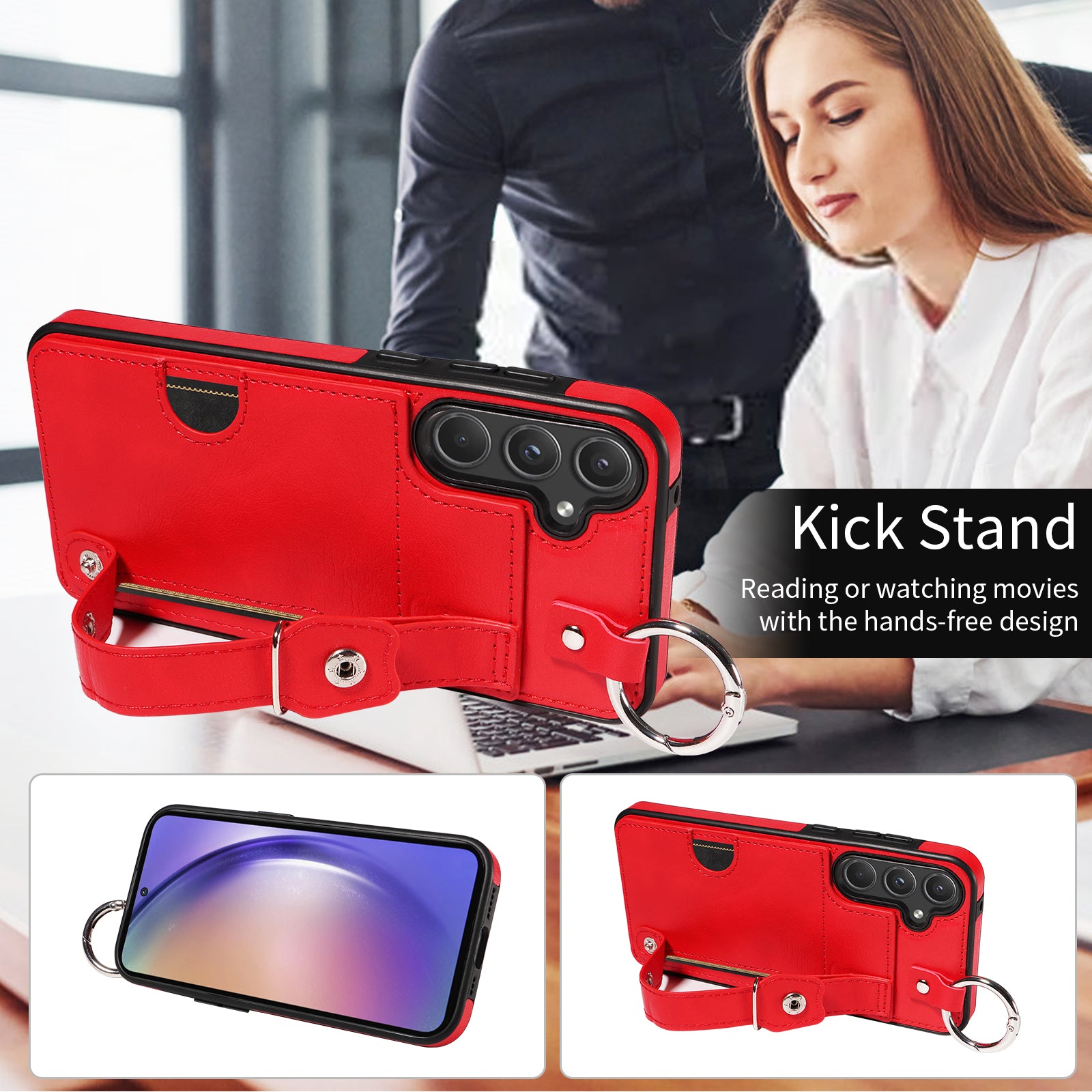 008 For Samsung Galaxy A55 5G Case with Wrist Strap Kickstand Leather+TPU Phone Cover - Red