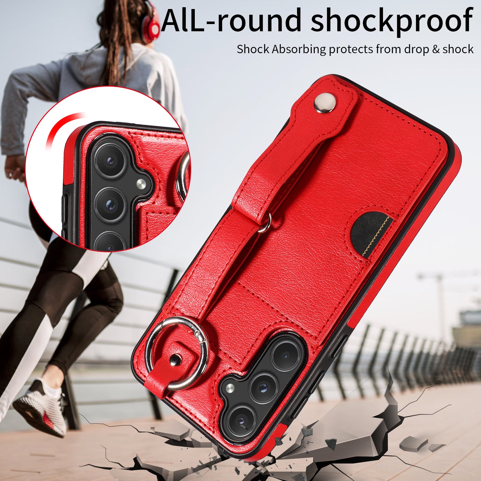 008 For Samsung Galaxy A55 5G Case with Wrist Strap Kickstand Leather+TPU Phone Cover - Red