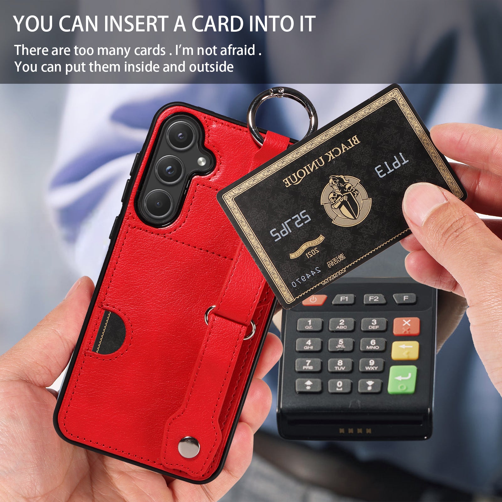 008 For Samsung Galaxy A55 5G Case with Wrist Strap Kickstand Leather+TPU Phone Cover - Red