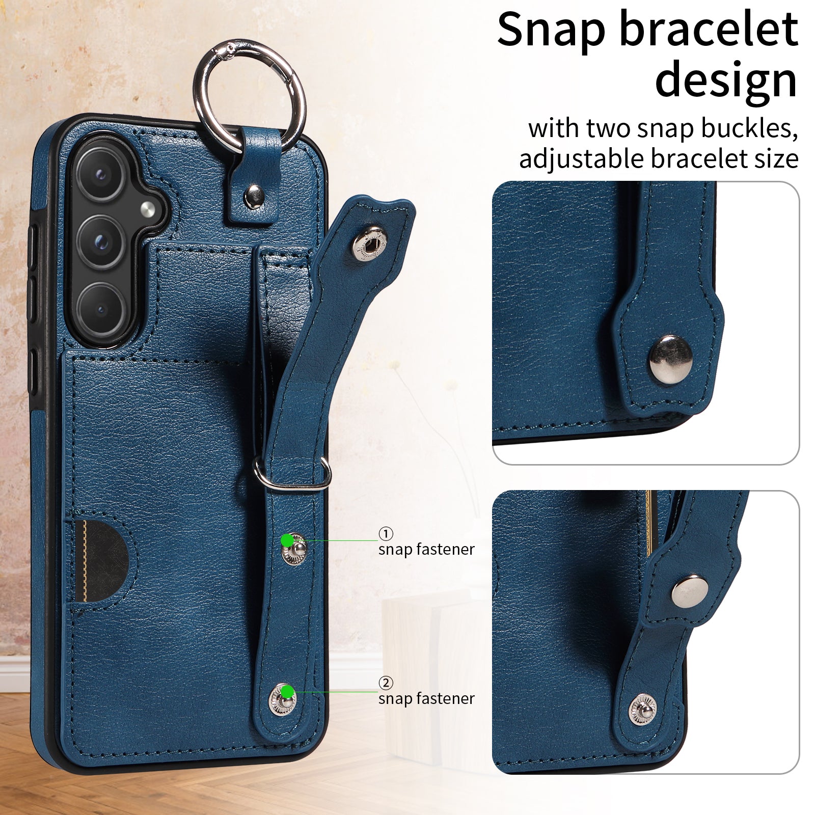 008 For Samsung Galaxy A55 5G Case with Wrist Strap Kickstand Leather+TPU Phone Cover - Blue