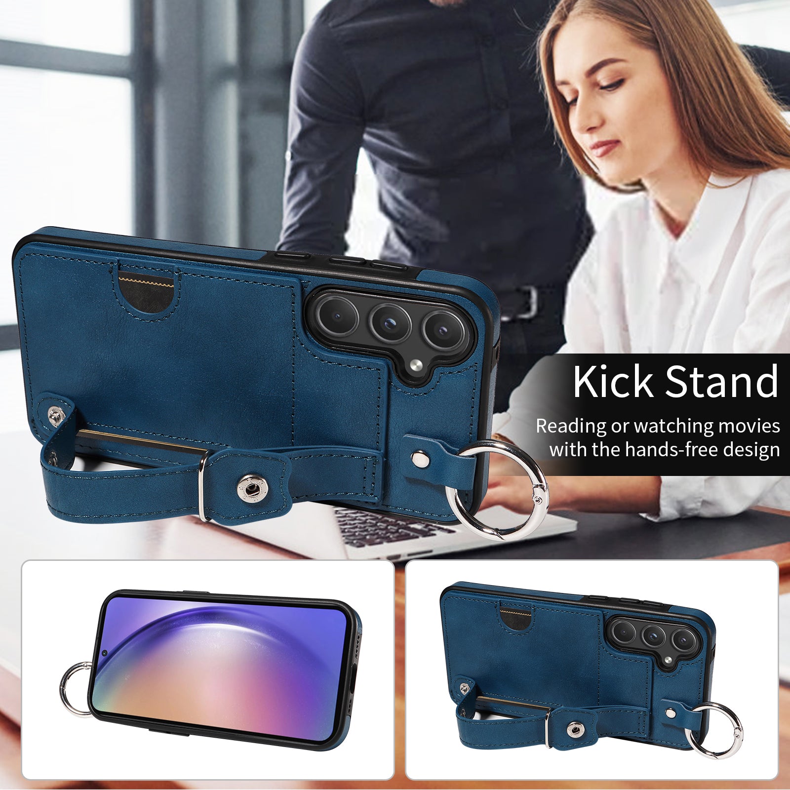 008 For Samsung Galaxy A55 5G Case with Wrist Strap Kickstand Leather+TPU Phone Cover - Blue