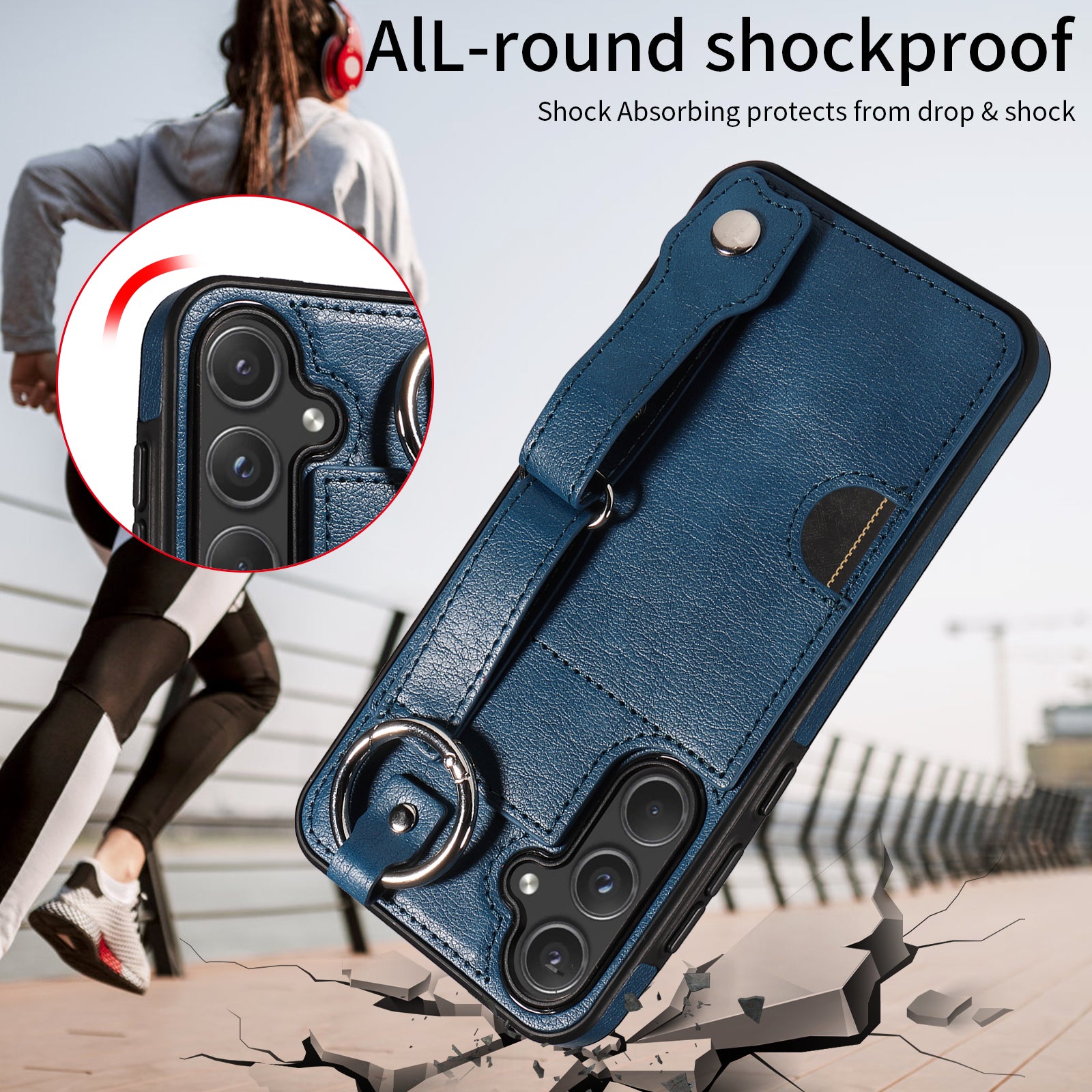 008 For Samsung Galaxy A55 5G Case with Wrist Strap Kickstand Leather+TPU Phone Cover - Blue