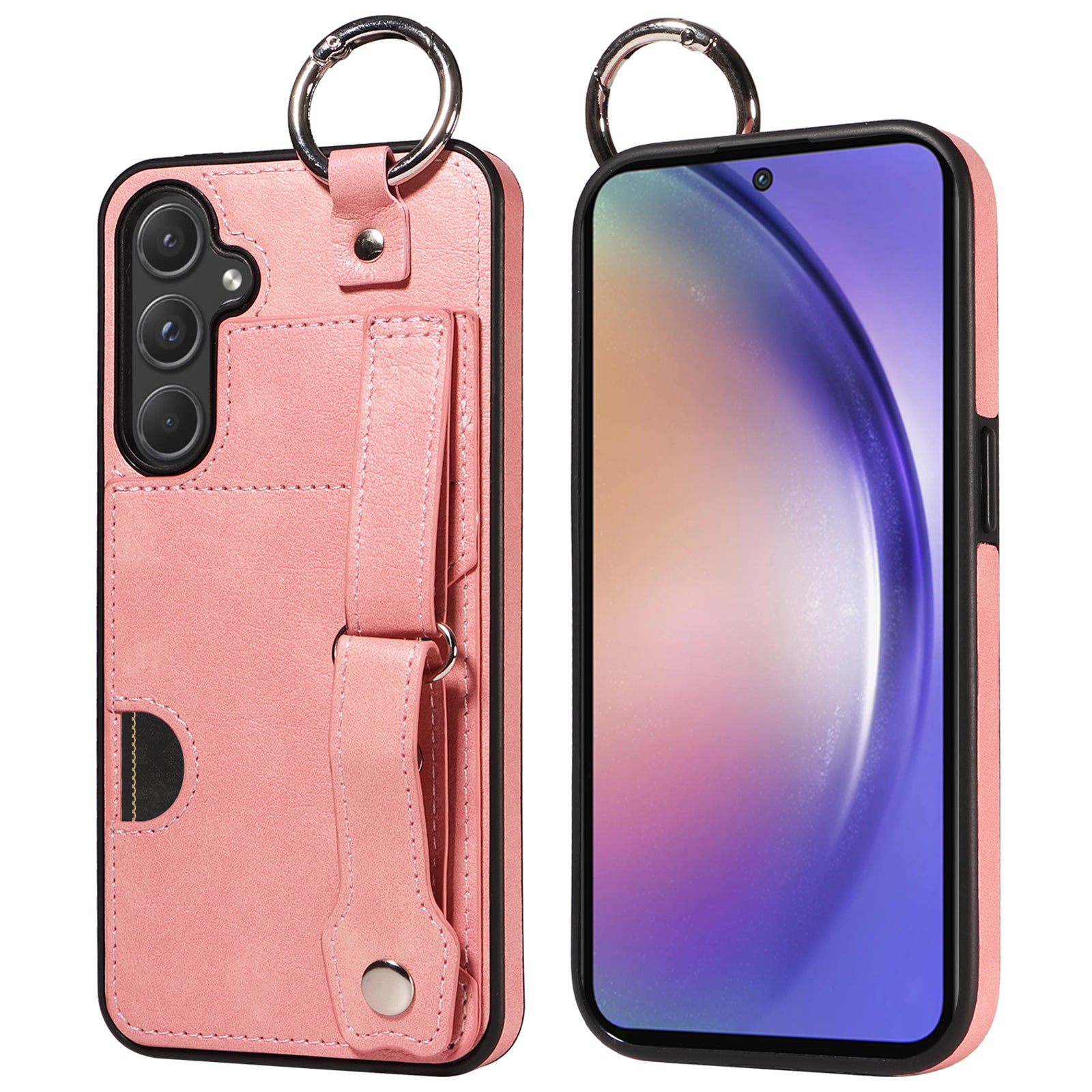 008 For Samsung Galaxy A55 5G Case with Wrist Strap Kickstand Leather+TPU Phone Cover - Pink