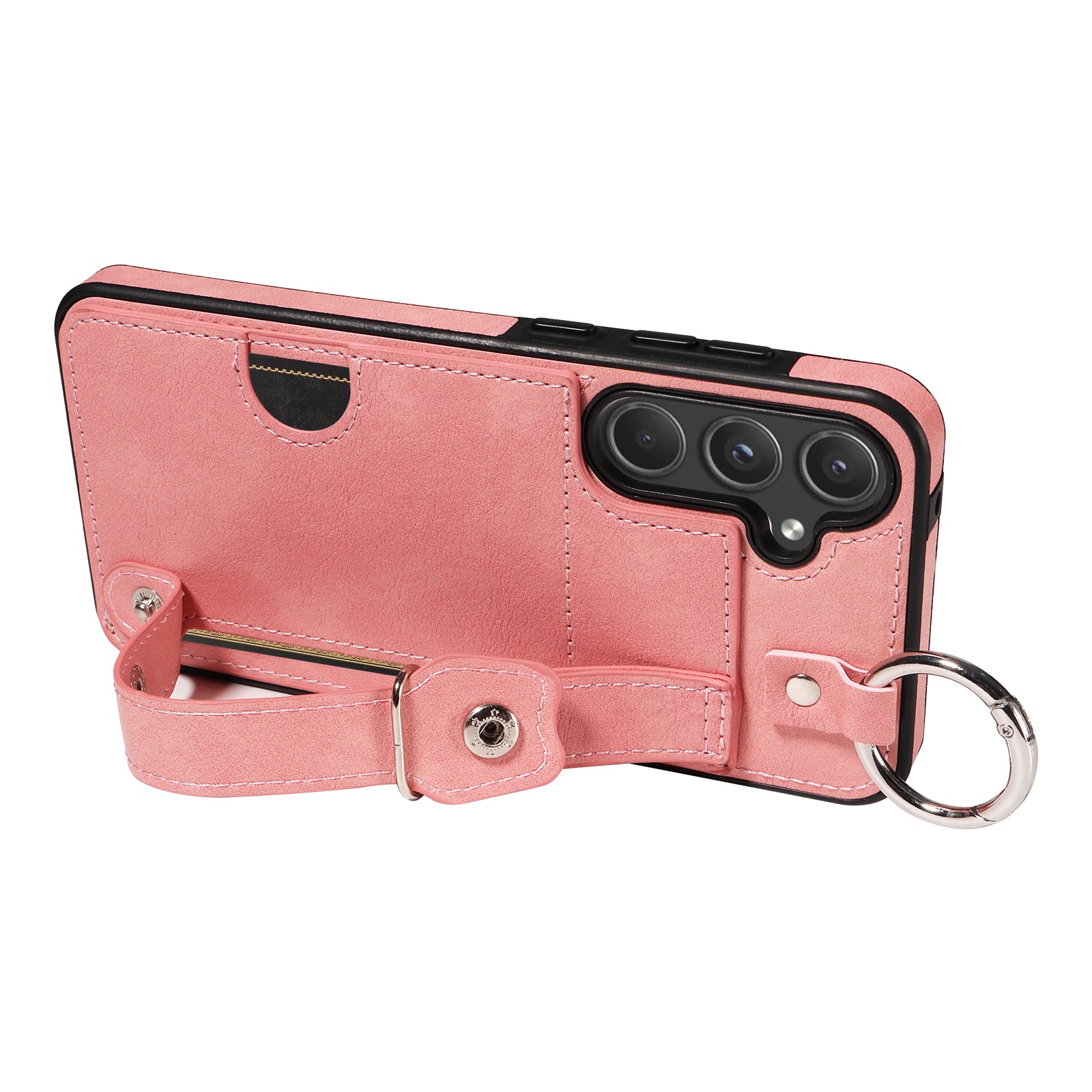 008 For Samsung Galaxy A55 5G Case with Wrist Strap Kickstand Leather+TPU Phone Cover - Pink