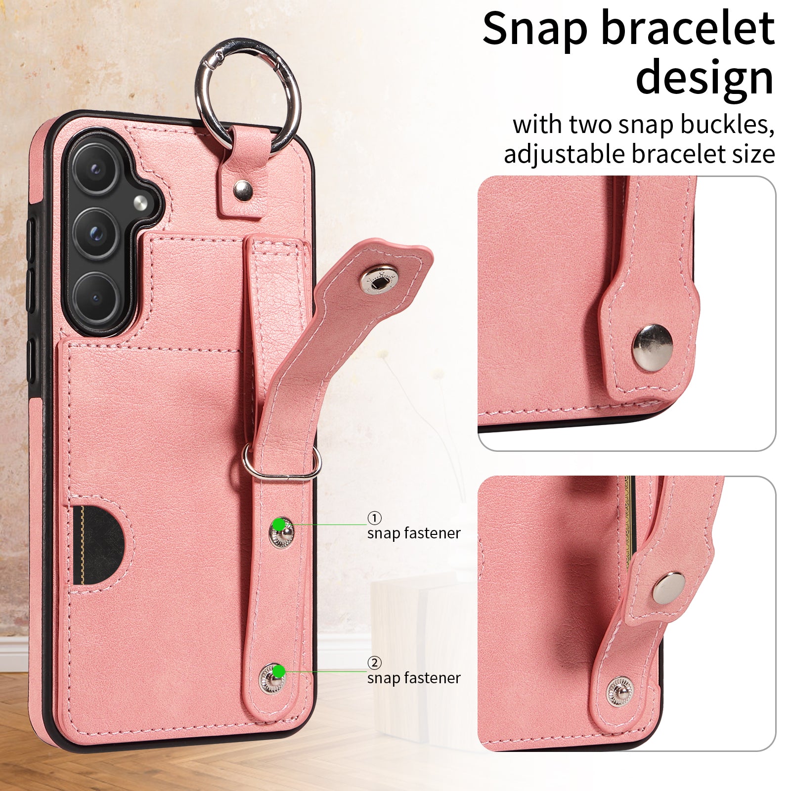 008 For Samsung Galaxy A55 5G Case with Wrist Strap Kickstand Leather+TPU Phone Cover - Pink
