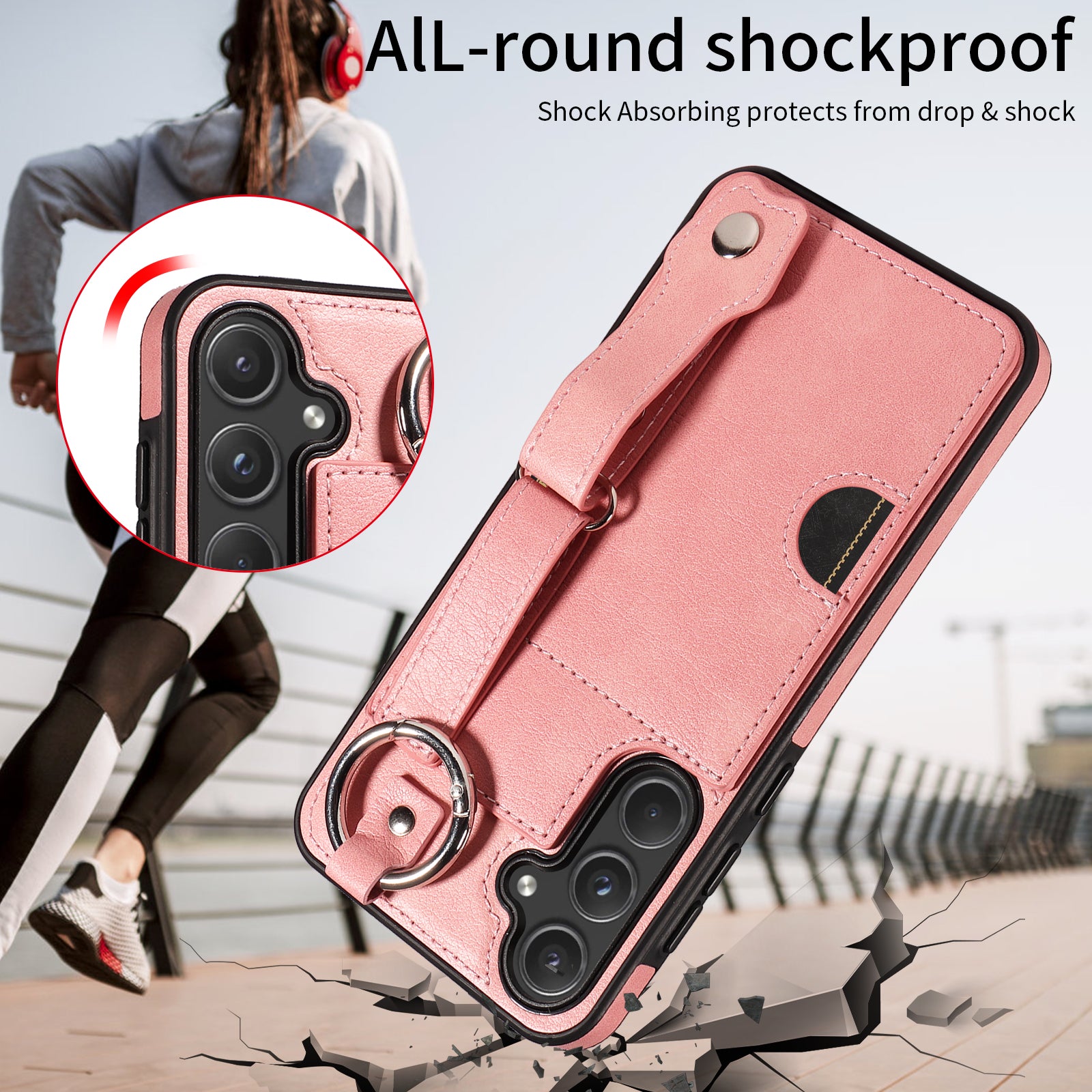 008 For Samsung Galaxy A55 5G Case with Wrist Strap Kickstand Leather+TPU Phone Cover - Pink