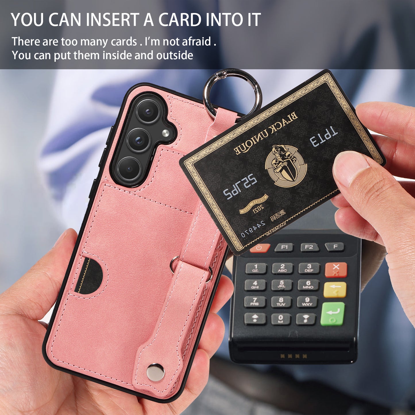 008 For Samsung Galaxy A55 5G Case with Wrist Strap Kickstand Leather+TPU Phone Cover - Pink