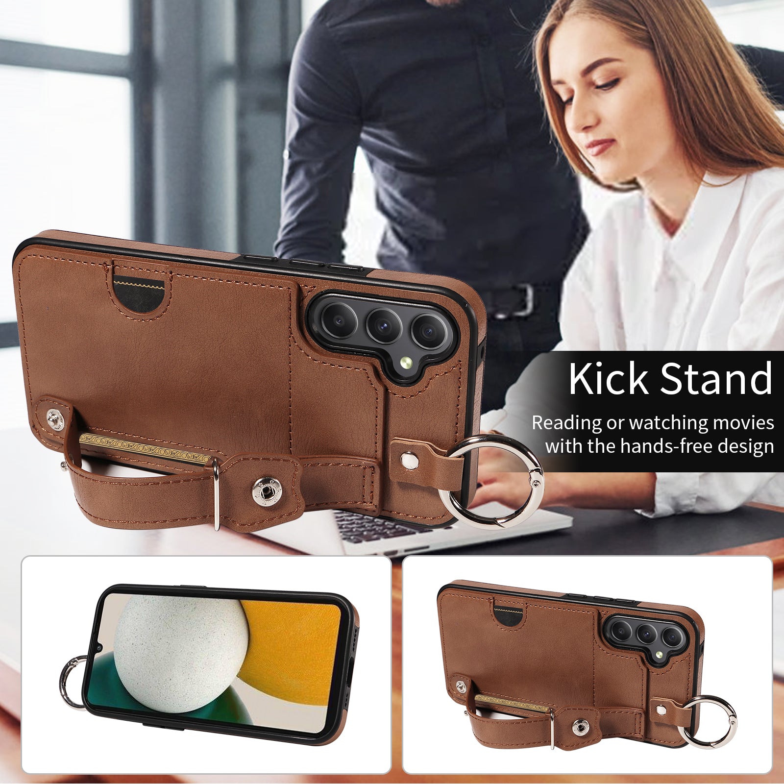 008 For Samsung Galaxy A34 5G Case Calf Texture Leather+TPU Kickstand Phone Cover - Brown